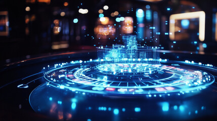 A casino hologram. A casino slot machine made of polygons, triangles of dots and lines. The slot machine from the casino has a low-poly connection structure. Technology concept.