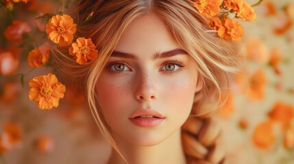 Naklejka premium Blonde Woman Adorned With Orange Flowers