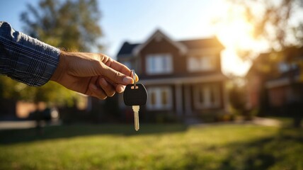 Hand holding house keys new home ownership suburban neighborhood real estate bright sunset personal achievement