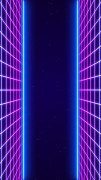 3D Synthwave terrain landscape, digital blue purple glow cyberspace laser neon grid floor perspective, abstract futuristic retrowave poster design, 80s retro night arcade game tech style background