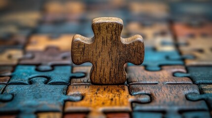 This captivating image showcases a close-up of a wooden cross piece standing on multicolored jigsaw puzzle pieces, symbolizing a unique metaphorical connection
