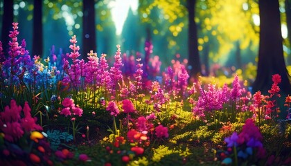 Obraz premium Gen木々の間から差し込む陽光が魔法のように森を照らす。ピンクや紫、赤の花々が咲き誇り、金色の光に包まれています。夢と現実の狭間にあるような静けさと魔法の空気が漂う風景です。