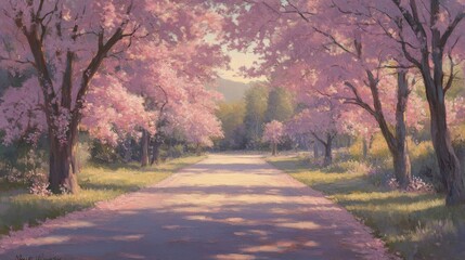 Fototapeta premium Pink Blossom Trees Line A Spring Road