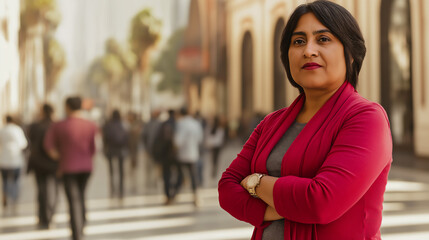 Middle age South Asian Indian businesswoman standing outdoors with arms crossed, copy space