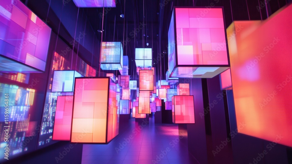 Poster floating cubes illuminated in vibrant colors showcasing abstract content in an immersive space. gene