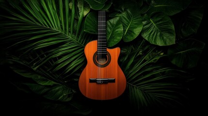 Classic guitar nestled in lush tropical foliage.