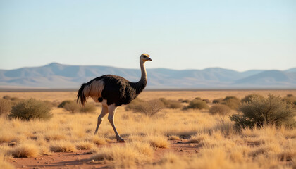 Naklejka premium Photorealistic lone emu walking across Australian outback, dry grass and shrubs under bright sunlight