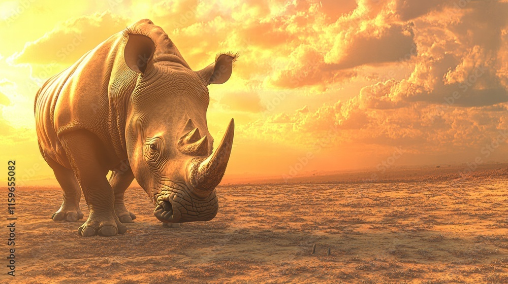Poster Close up view of a rhino grazing in a sunlit savanna at dusk with ample space for text overlay. Generative AI