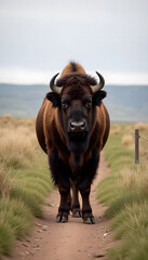 Photorealistic bison facing viewer on narrow dirt path, minimal landscape in background
