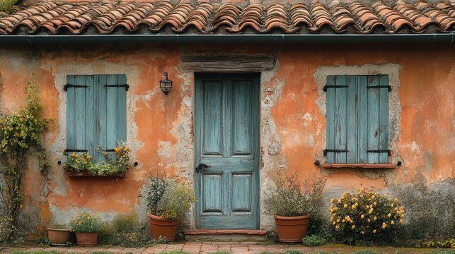 Charming Mediterranean house facade with blue wooden shutters, terracotta roof tiles, and vibrant potted plants creating a rustic aesthetic
