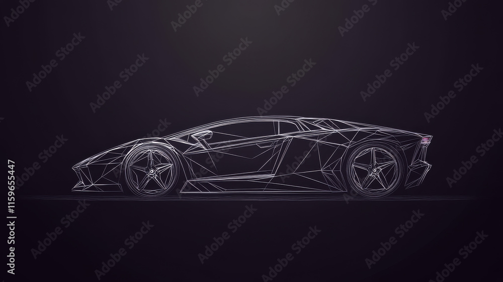 Poster the car consists of points, lines and triangles. the polygon shape in the form of a silhouette of a 