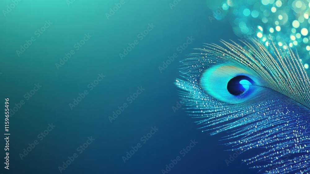 Fototapete Close up of a vibrant peacock feather adorned with dew drops against a soft blue background ideal for mock up and text placement. Generative AI