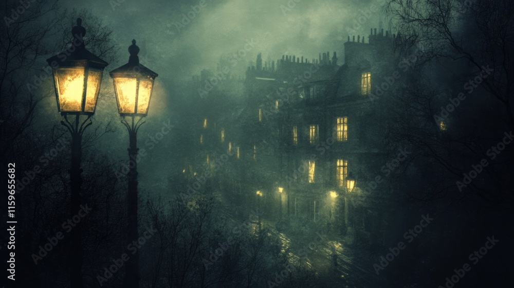 Aufkleber dark cityscape featuring few illuminated windows amidst a foggy atmosphere at night. generative ai