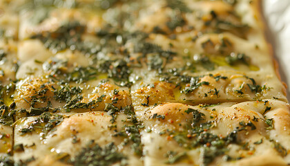 Manakeesh, arabic pizza, flat bread topped with zaatar spices close up. Homemade mediterranean flat bread manakish for breakfast