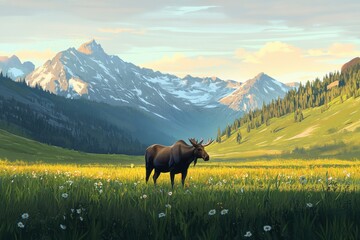 Obraz premium Lone moose at dawn in scenic alpine meadow