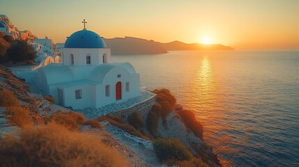 Fototapeta premium Whitewashed Church Dome Sunset Aegean Sea View