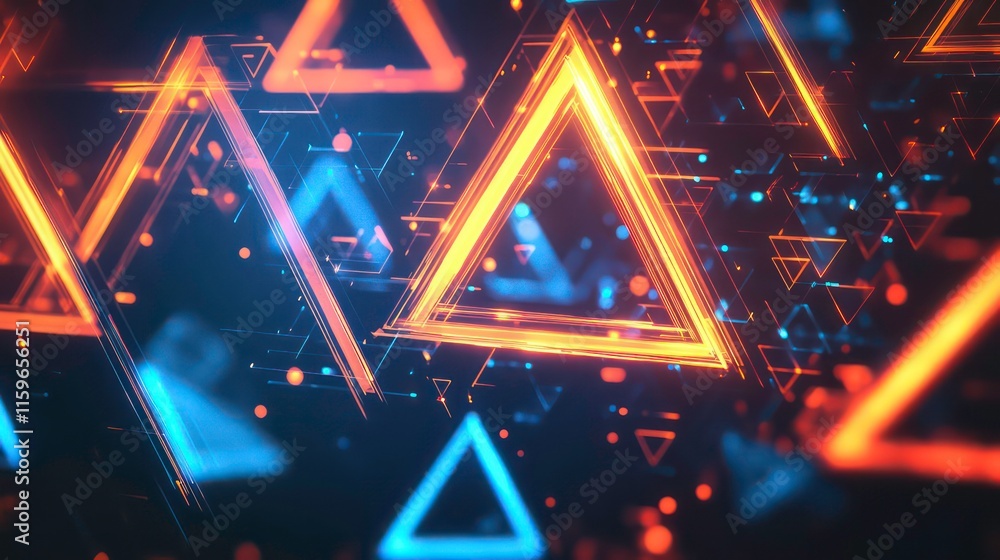 Aufkleber Abstract background with glowing orange and blue triangles and particles.