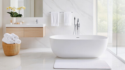 Fototapeta premium Elegant bathroom featuring a freestanding bathtub and modern decor. Generative AI