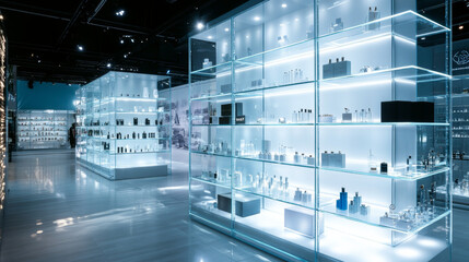 Showcase with glass wall, white shelves and spotlights. Vector realistic mockup of empty display stand, storefront with transparent window for shop, boutique, product presentarion or museum exhibition