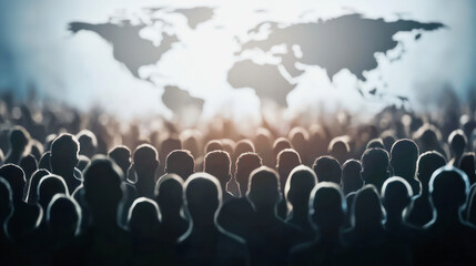 Fototapeta premium Silhouettes of people reflecting on a world map in a global gathering. Generative AI