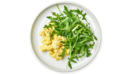 Scrambled eggs with arugula on white plate isolated on white background, top view. Healthy breakfast - fluffy scrambled eggs, design element