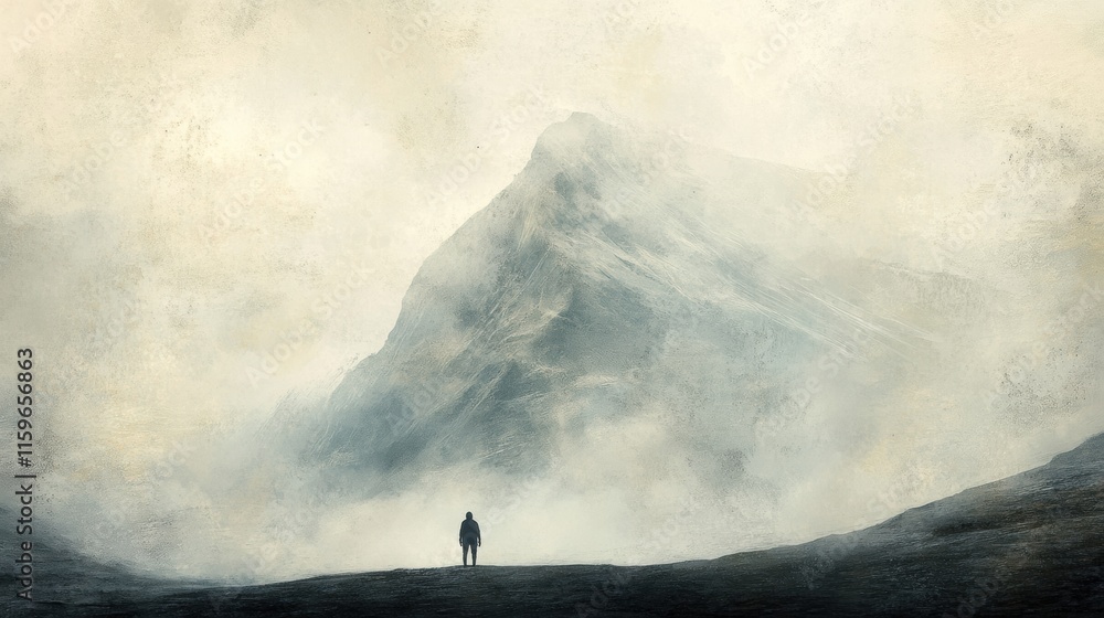 Aufkleber loneliness felt by a solitary figure at the base of a towering mountain during cloudy weather. gener