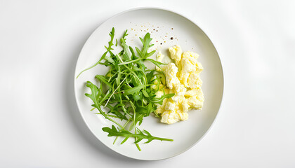 Scrambled eggs with arugula on white plate isolated on white background, top view. Healthy breakfast - fluffy scrambled eggs, design element