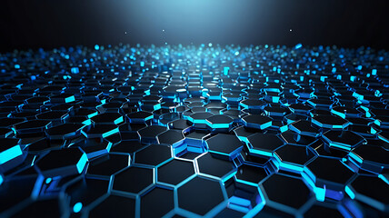 Obraz premium Network connection concept blue vector illustration. Futuristic hexagon perspective wide angle landscape. Futuristic honeycomb concept. Big data digital background.