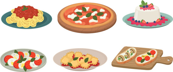 Set of traditional Italian dishes. Hand drawn illustration of panna cotta, pizza, ravioli, spaghetti with sauce, bruschettas and caprese salad