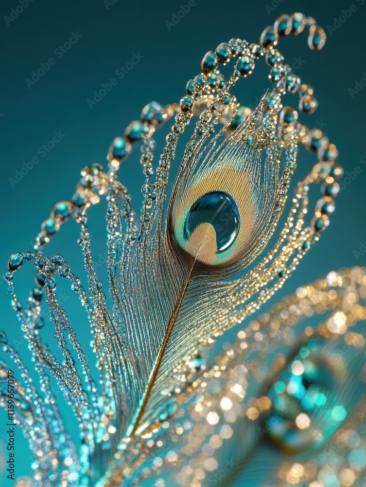 Fototapete Close up view of a peacock feather adorned with dew drops creating a serene and elegant visual experience. Generative AI