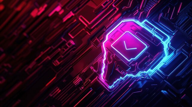 Neon brain icon with check mark on circuit board.