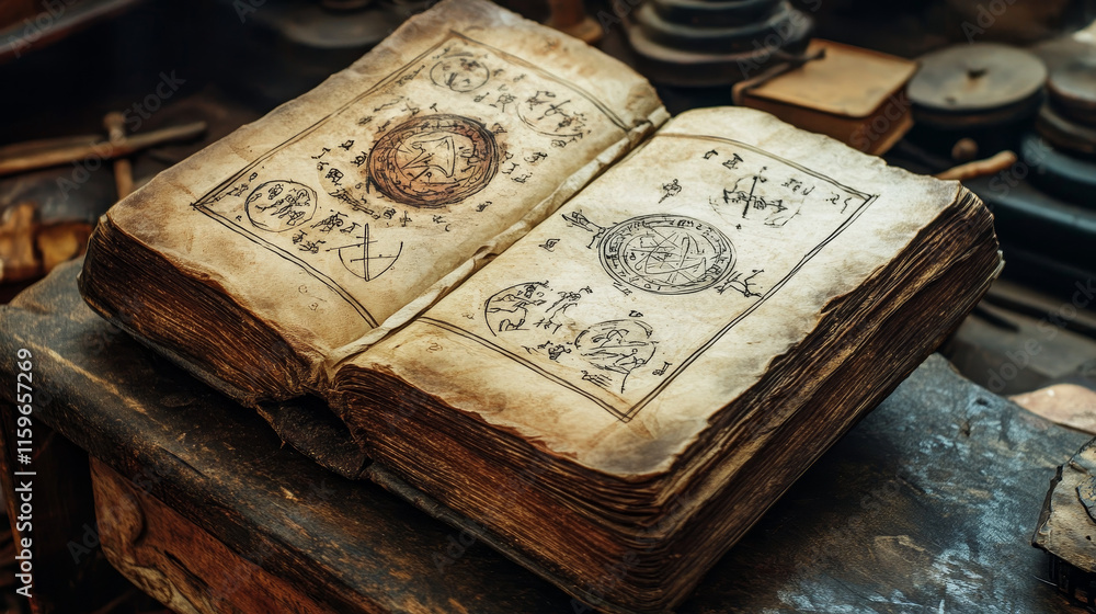 Poster old open magic book for fantasy game ui icon cartoon. halloween wizard library set with ancient fair