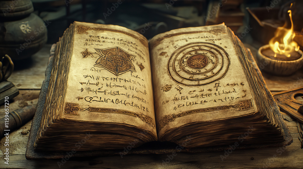 Poster old open magic book for fantasy game ui icon cartoon. halloween wizard library set with ancient fair