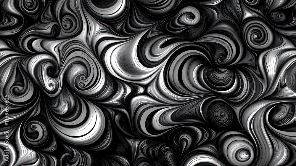 Poster abstract grayscale swirls pattern, fluid motion, dynamic design, vortex, background texture.
