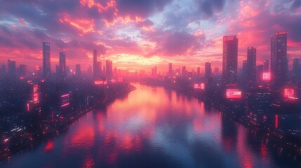 Fototapeta premium Futuristic Cityscape at Sunset River Reflecting Neon Lights