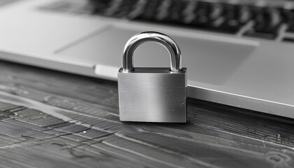 Naklejka premium Metal lock and laptop on table, closeup. Protection from cyber attack