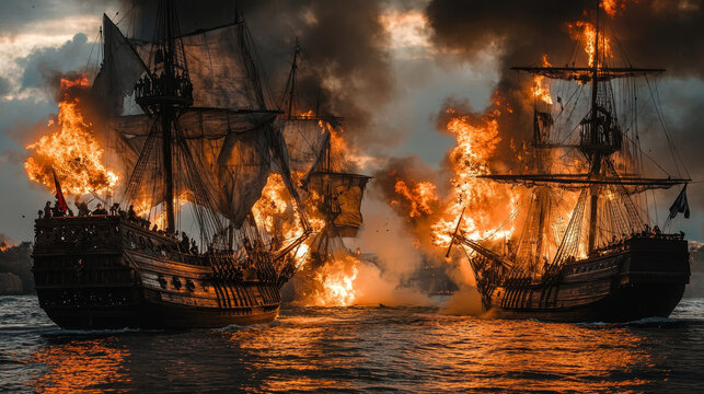 Battleship cartoon web banner. Ship battle, pirate wooden boat with jolly roger flag attack brigantine with cannon fire, corsair war, burning frigates with flame and ragged sails, Vector illustration