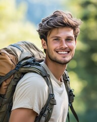 Fototapeta premium Portrait of a Happy Young Male Hiker Embracing the Outdoors in a Lush Forest