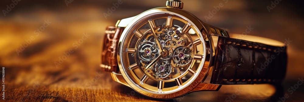 Aufkleber luxury wristwatch with golden frame displayed on wooden surface, showcasing intricate design and ele