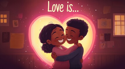 Obraz premium Cartoon Illustrations of African American Couples Embracing with Romantic Heart Backgrounds - Love Concept Art