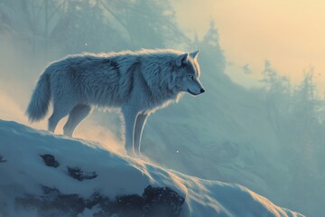 Grey wolf in snowcovered wilderness at dawn