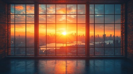 Fototapeta premium Cityscape Sunset Viewed Through Large Industrial Window