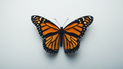 Obraz premium A lone monarch butterfly flutters against a plain white backdrop.