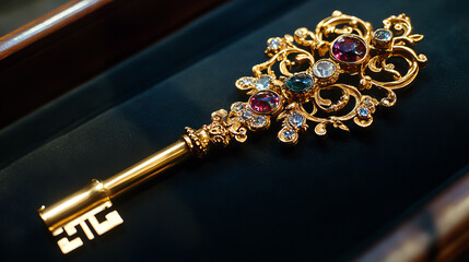 Vintage old keys of house door lock. Symbol of secret, security, magic objects. Ancient golden and metal keys with ornate and gemstones isolated on background, vector cartoon game icons set