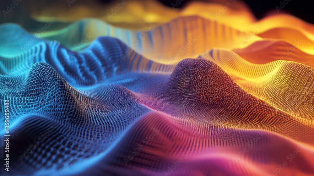 Poster abstract colorful wavy landscape of interconnected dots.