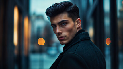 Fototapeta premium The image features a person wearing a dark coat, standing in an urban setting with blurred background lights