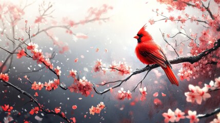 Red Cardinal Bird Perched on a Blooming Cherry Branch