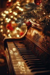 Beautiful vintage piano with holiday decorations in a cozy setting with twinkling lights