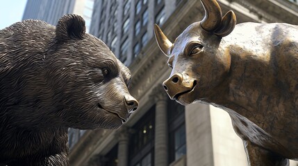 Bull and Bear Statues at Wall Street, New York City