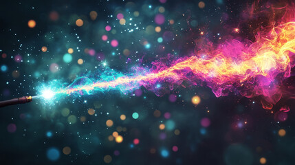 Magic wand with wizard spell sparkle light vector. Magician fairy glitter trail effect with glowing stick on black background. Fantasy spiral vortex shine isolated Fairytale abracadabra wish neon line